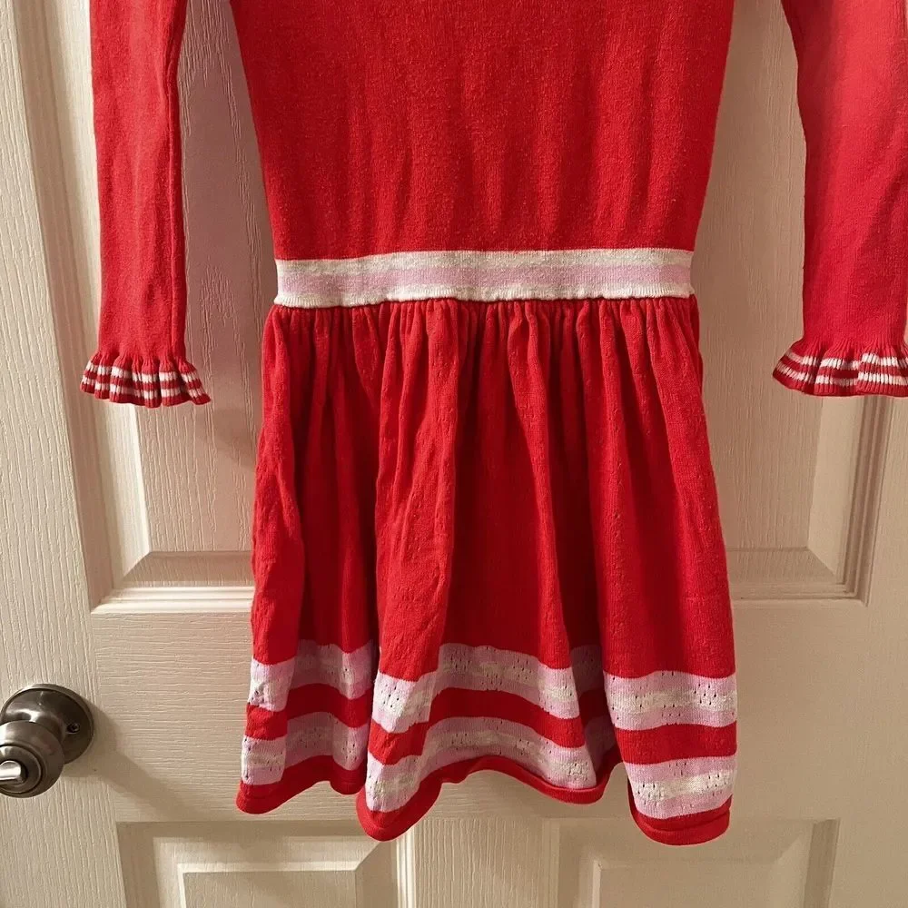 Mini Boden Long Sleeve Sweater Dress Striped Ruffle Neck Cuffs Girls Size 7-8